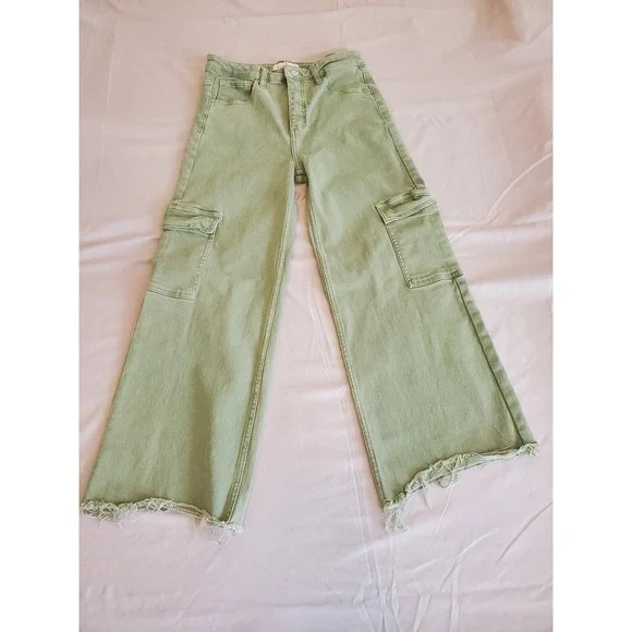 RISEN JEANS Women Size 11 Sage Green Wide Leg Cargo High Rise Distressed Hem - Picture 14 of 16